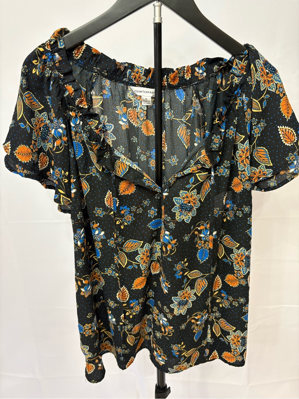 Counterparts Black Floral Tie-Neck Blouse with Blue and Orange Accents - Picture 3 of 5